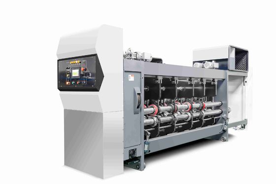 White Color G6-1224 All Comupter Controled Pressure Free Feed Structure Lead Edge Vacuum Transfer 4 Color Printer + Slotter + Die Cutter + Vibrator +  Stacker
